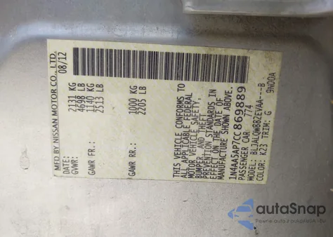 2012 Nissan Maxima 3.5 S from USA, damaged, VIN 1N4AA5AP7CC869889